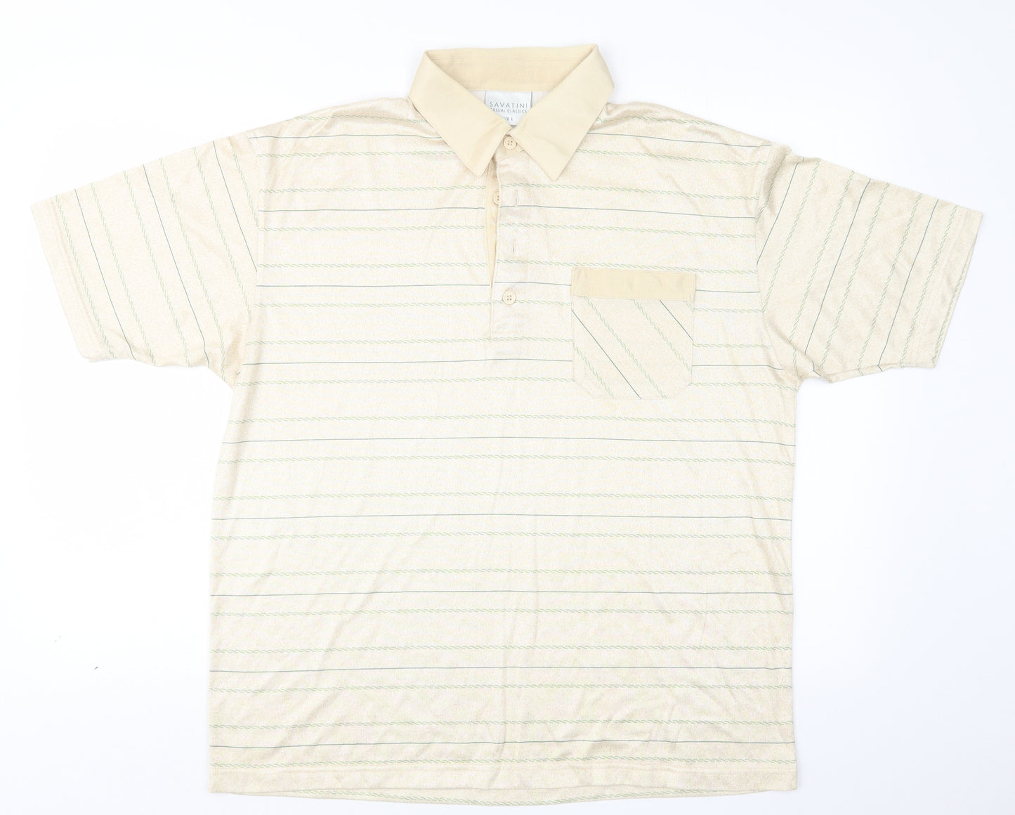 SAVATINI Mens Beige Striped Rayon  Polo Size L