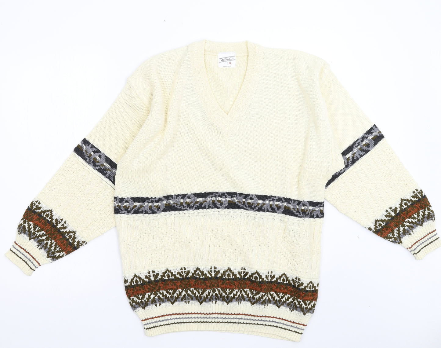 Menswear Mens Ivory Striped Knit Pullover Jumper Size M