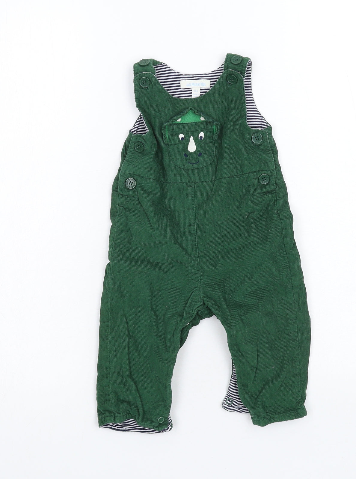 JoJo Maman Bébé Boys Green  Corduroy Dungaree One-Piece Size 3-6 Months  - Triceratops