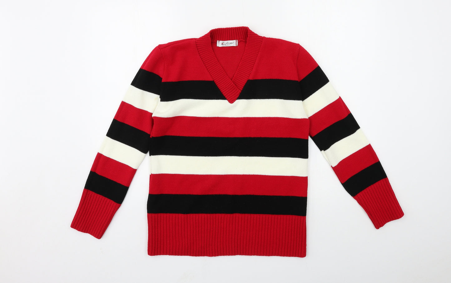 Elegant Womens Red Striped Knit Pullover Jumper Size L