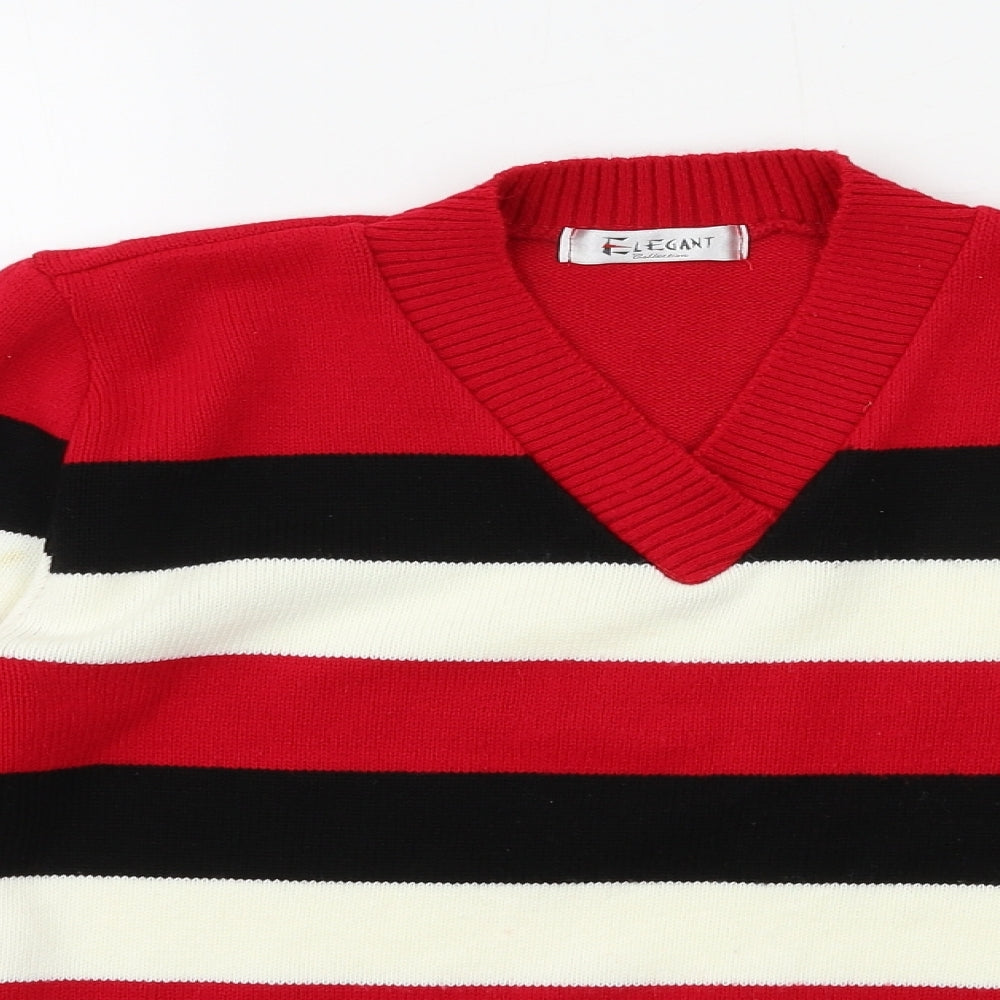 Elegant Womens Red Striped Knit Pullover Jumper Size L