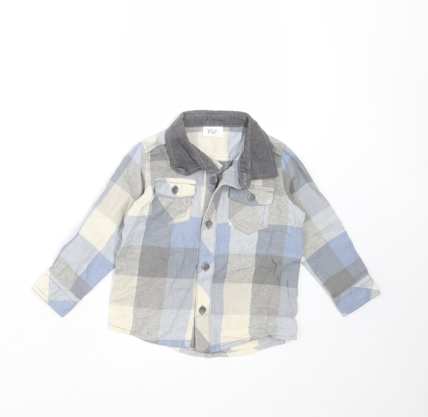 F&F Boys Blue Check  Basic Button-Up Size 9-12 Months