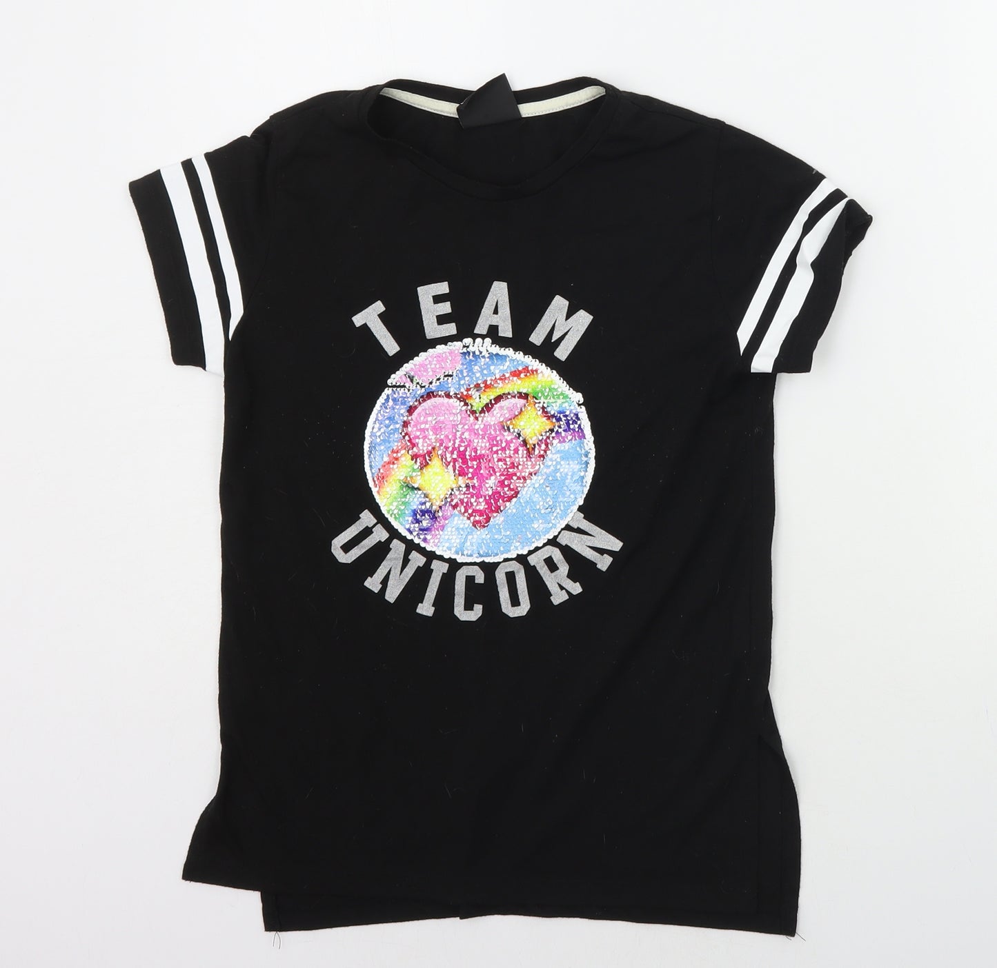 Primark Boys Black   Basic T-Shirt Size 10-11 Years  - Sequin Unicorn