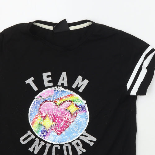 Primark Boys Black   Basic T-Shirt Size 10-11 Years  - Sequin Unicorn