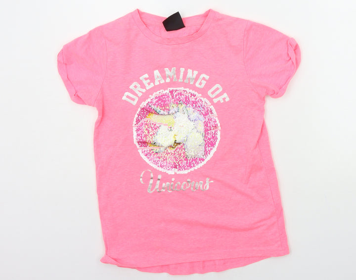 Young Dimension Girls Pink   Basic T-Shirt Size 9-10 Years  - Sequin Unicorn