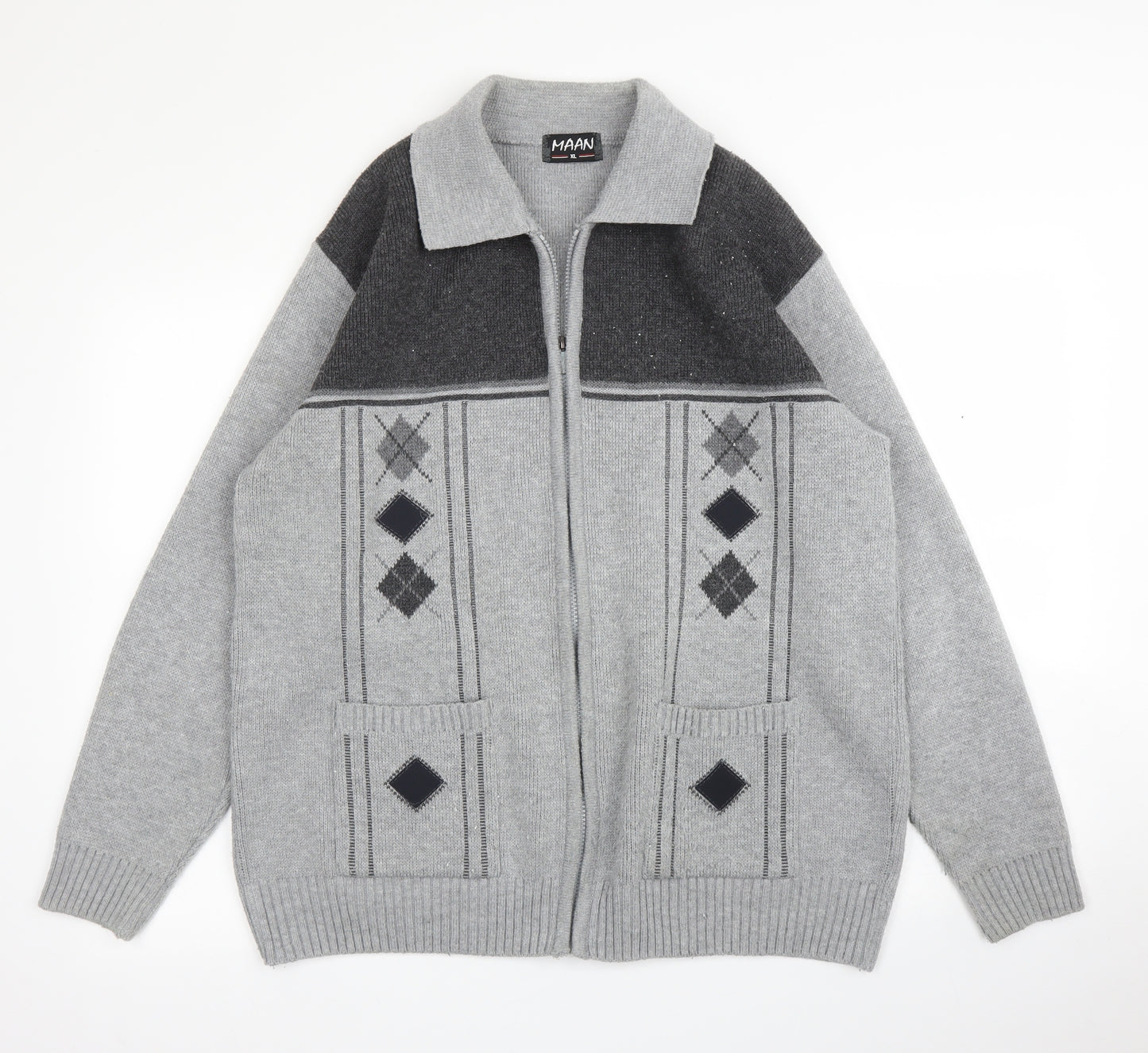 Maan Mens Grey Argyle/Diamond  Full Zip Jumper Size XL
