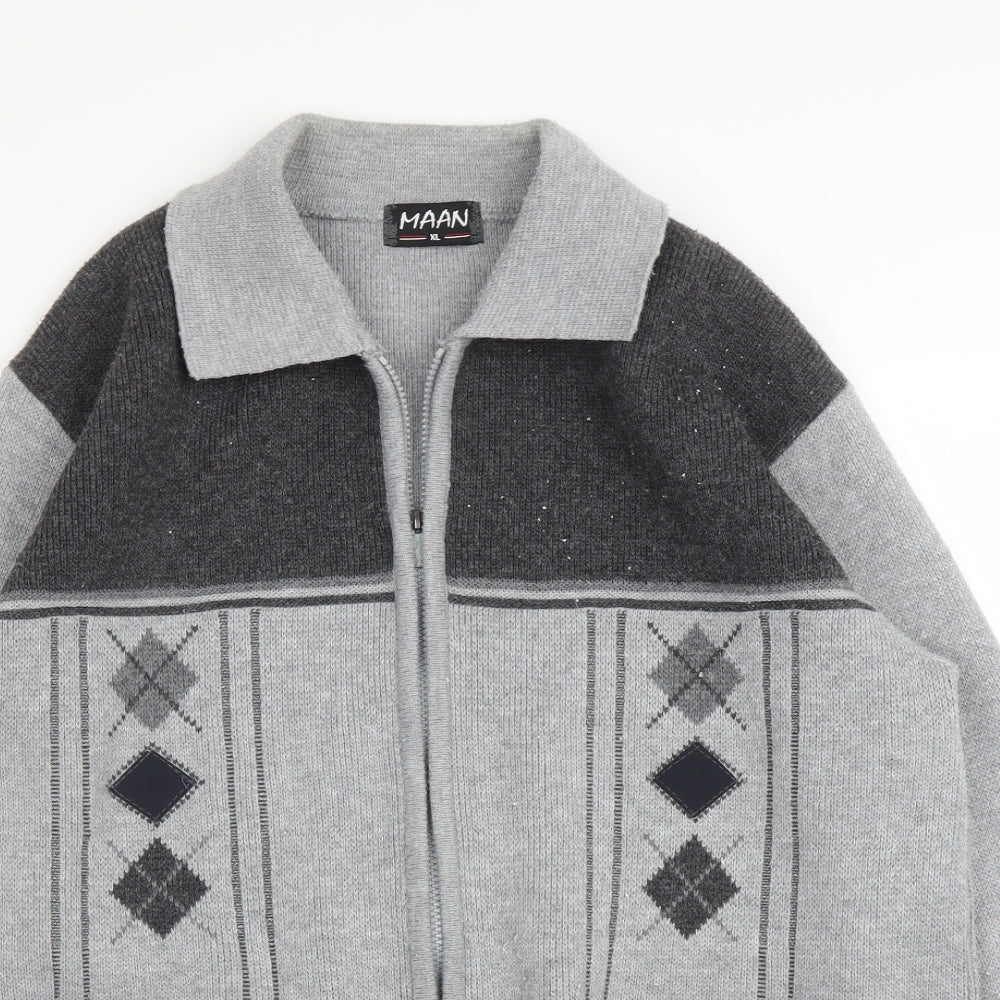 Maan Mens Grey Argyle/Diamond  Full Zip Jumper Size XL