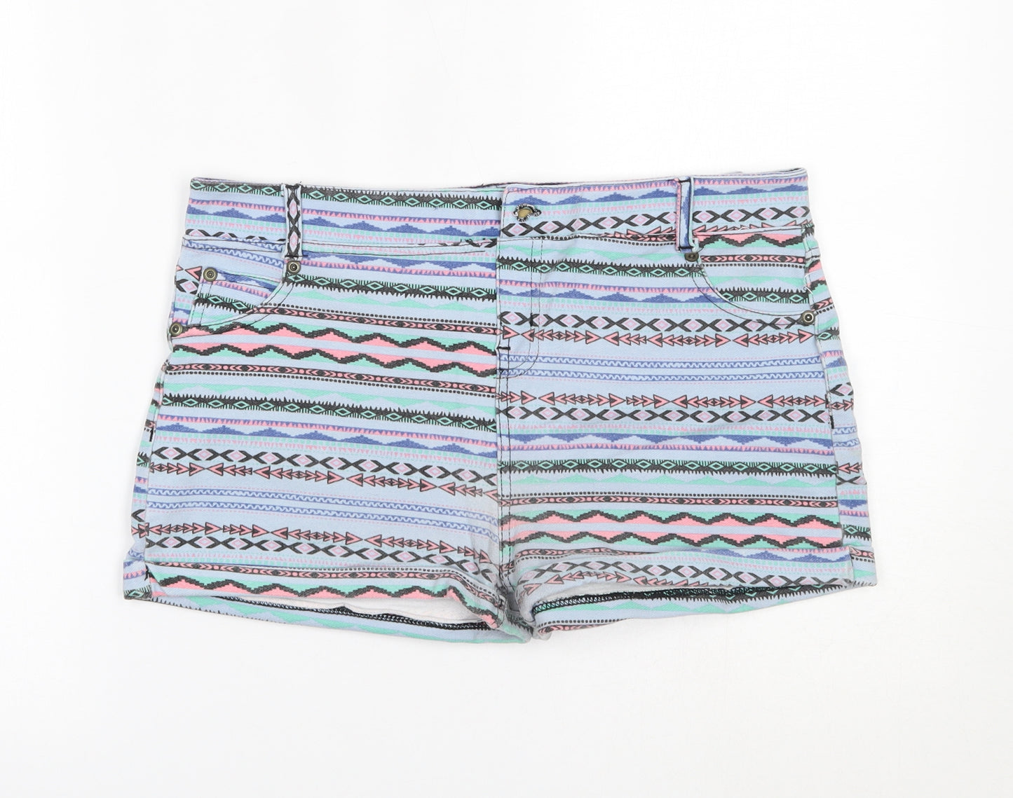 Golddigga Womens Blue Fair Isle Denim Cut-Off Shorts Size 14