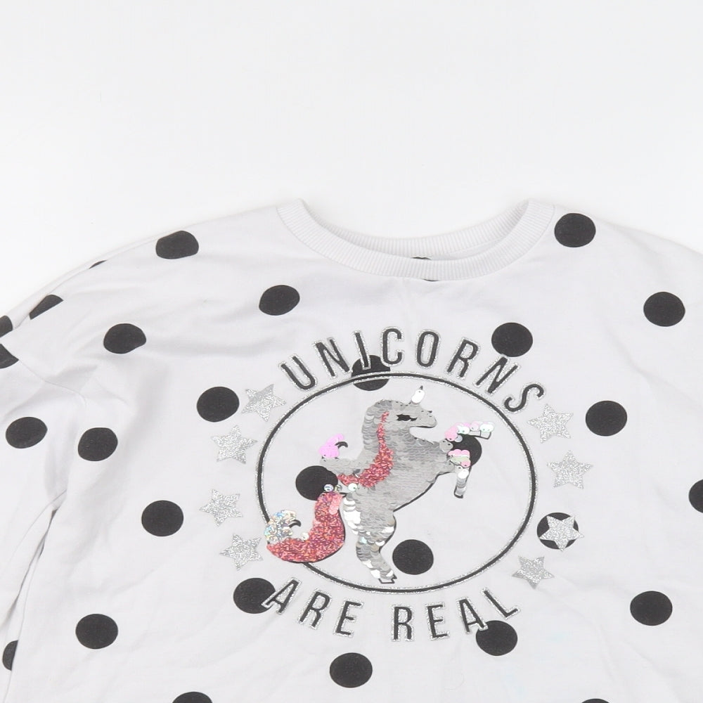 Primark Girls White Polka Dot  Pullover Jumper Size 9-10 Years  - unicorn
