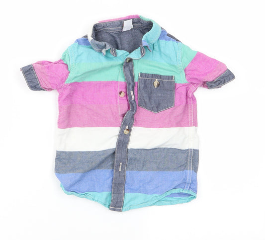 Front view of Mini Club boys’ pink striped basic button-up, size 3-4, years - pink green blue ivory stripes