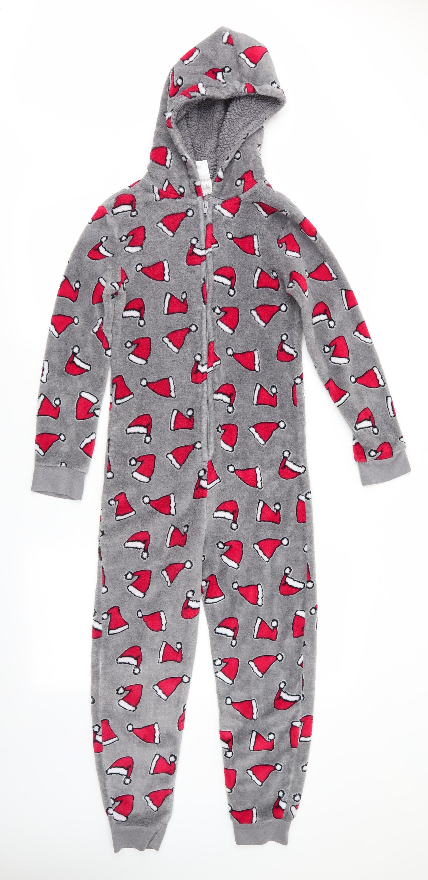 Peacocks Boys Grey Solid Fleece  One Piece Size 10-11 Years  - Santa hat print