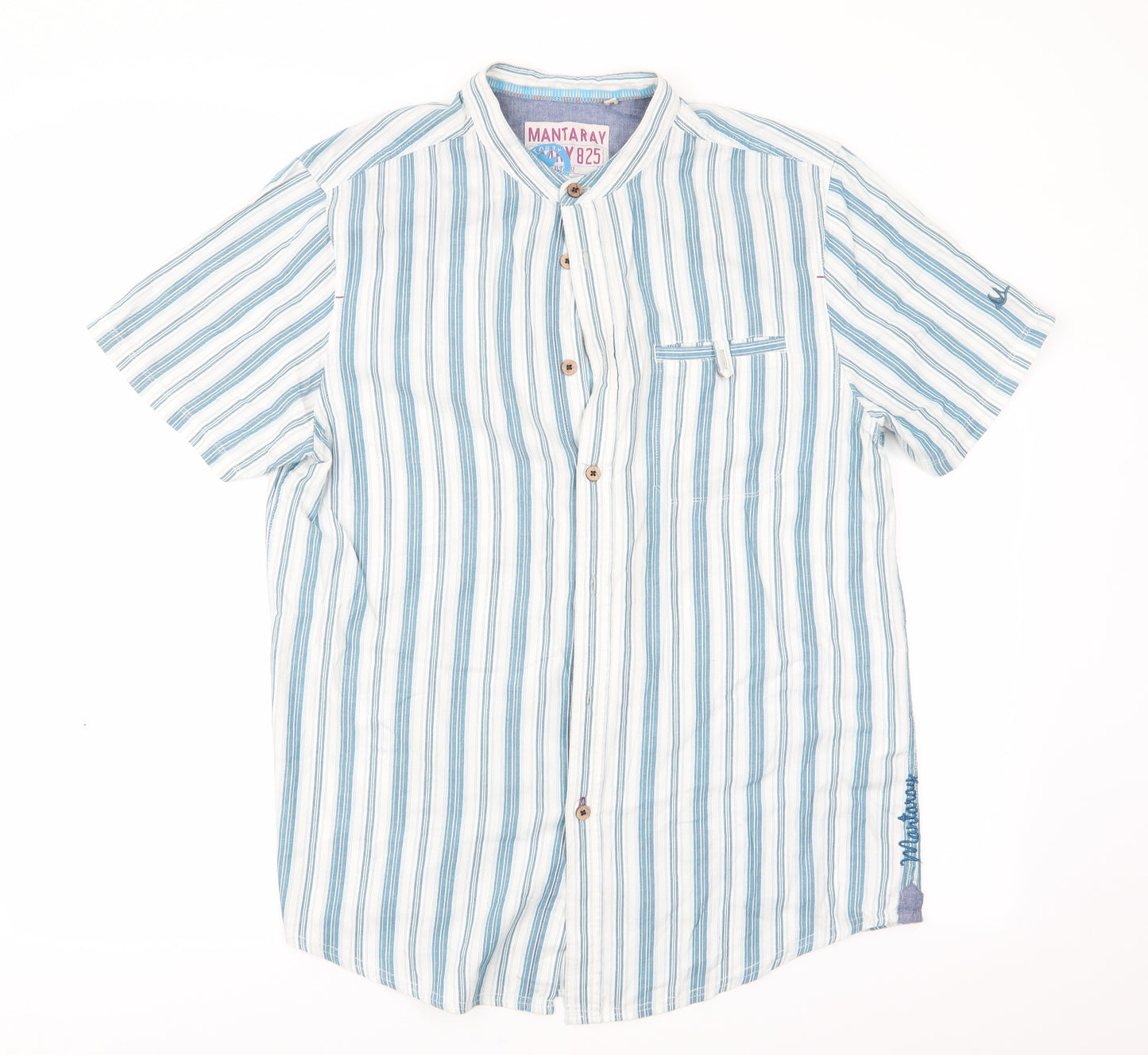 Mantaray Mens Blue Striped   Button-Up Size M  - Mandarin Collar