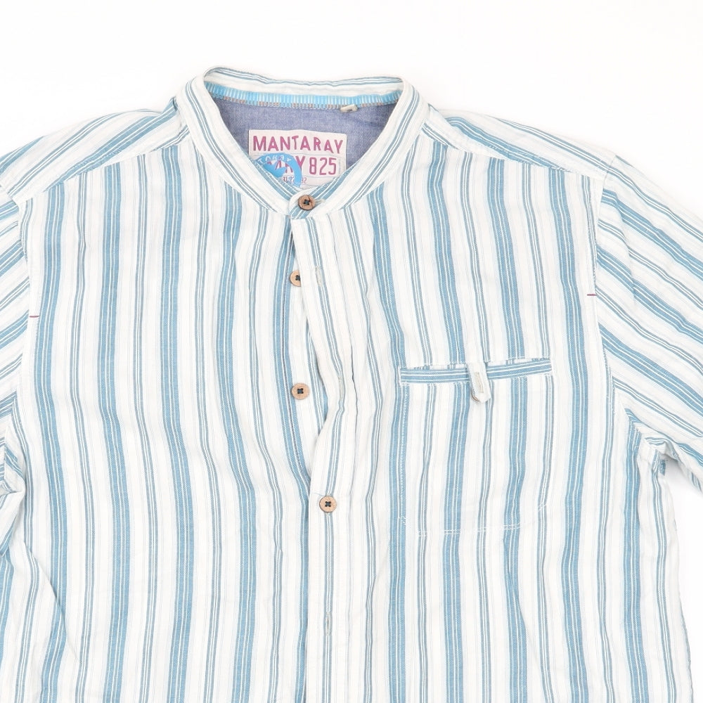Mantaray Mens Blue Striped   Button-Up Size M  - Mandarin Collar