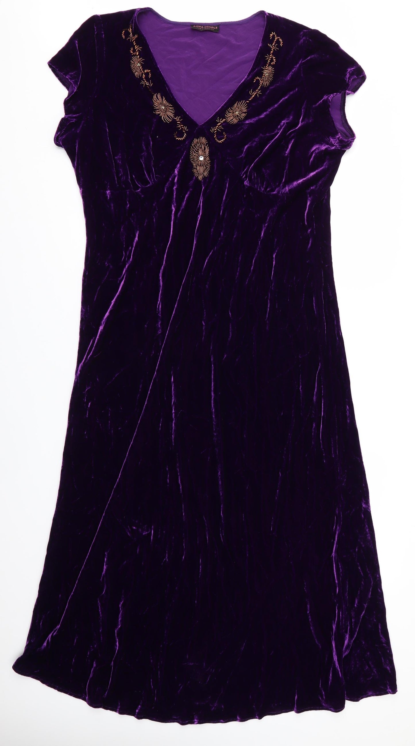 Anna Sholz Womens Purple  Velvet Fit & Flare  Size 24  - Gold Beaded neckline