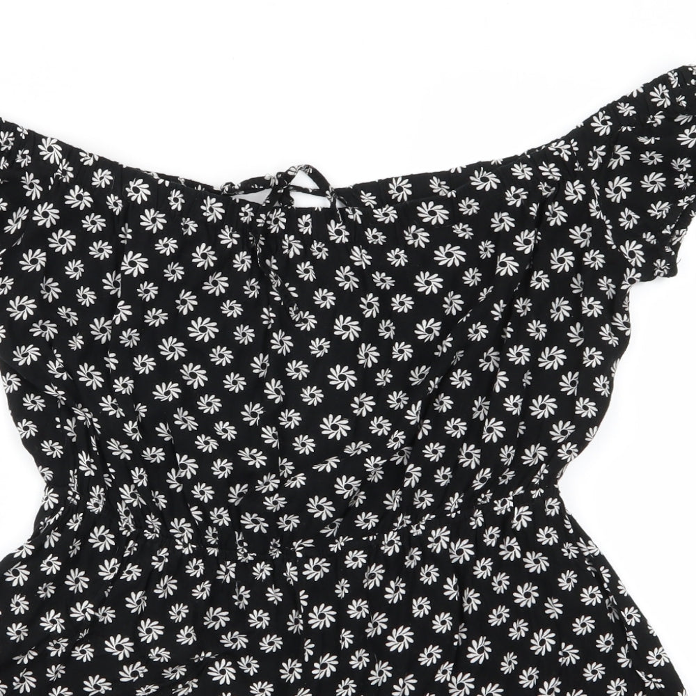 Boohoo Womens Black Floral Viscose Playsuit One-Piece Size 14   - White Flowers Back Tie Fastening Shorts Playsuit