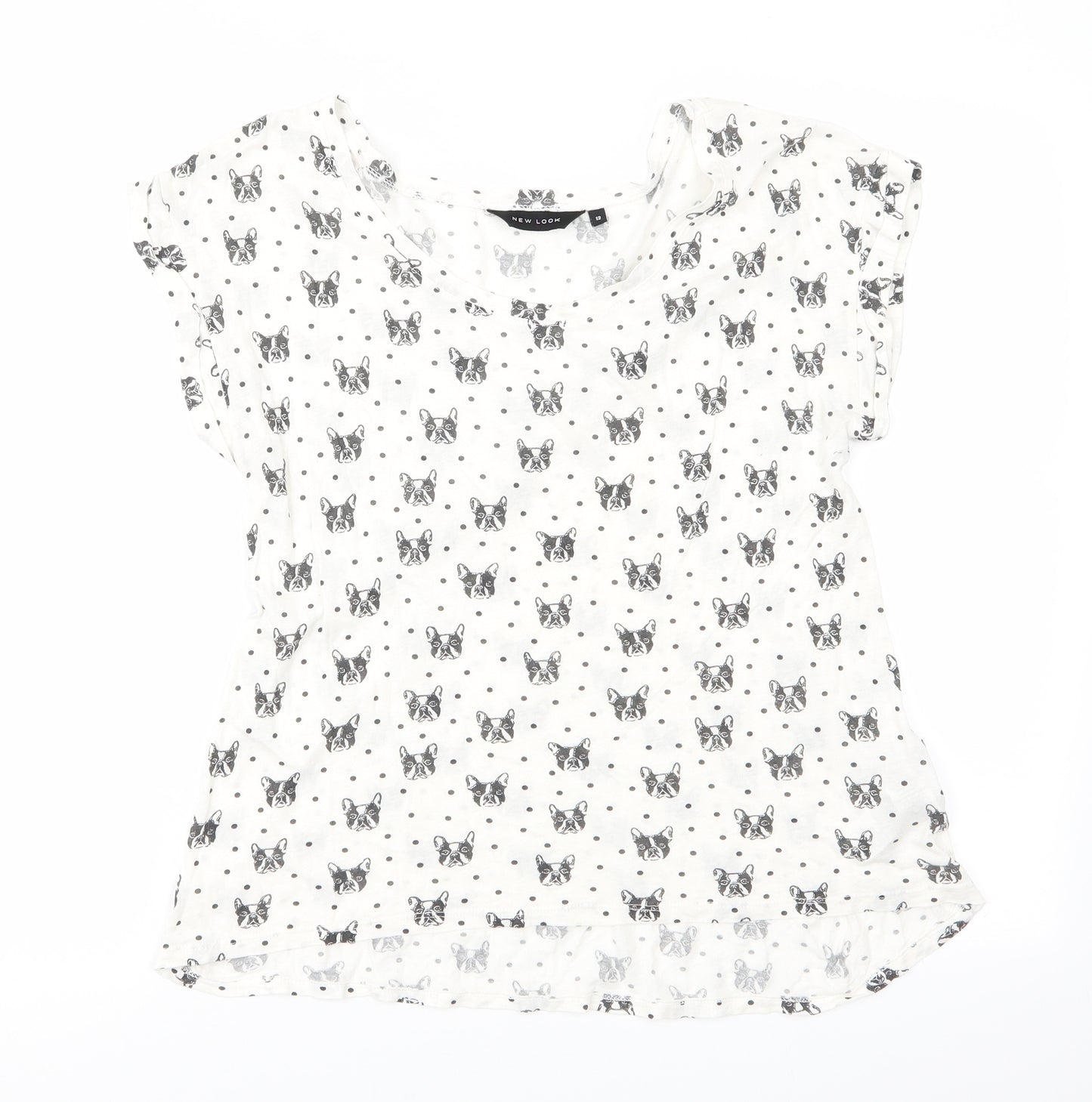 New Look Womens Ivory Animal Print   Pyjama Top Size 12  - Dog's face print
