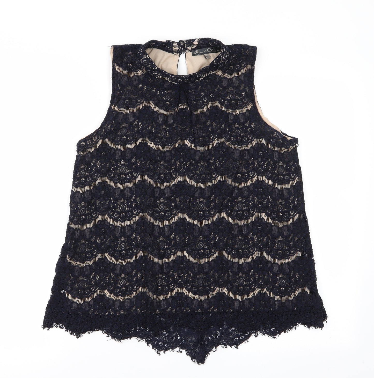 Rose & Olive Womens Blue Floral  Tunic Blouse Size L  - Lace overlay Tunic Scalloped Hemline