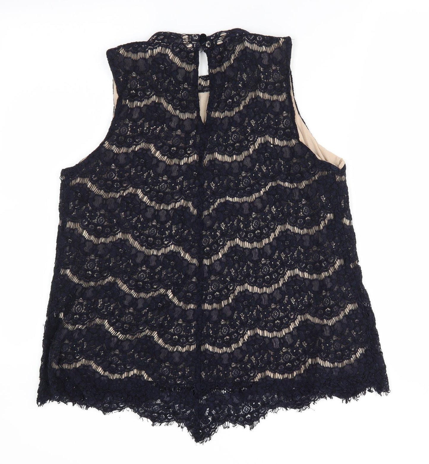 Rose & Olive Womens Blue Floral  Tunic Blouse Size L  - Lace overlay Tunic Scalloped Hemline