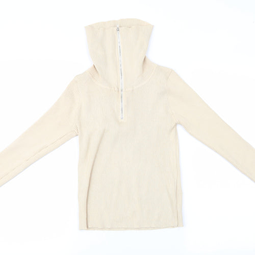 Cherry Koko Womens Beige Striped  Henley Jumper Size M  - High Heck Henley Skinny Ribbed Style