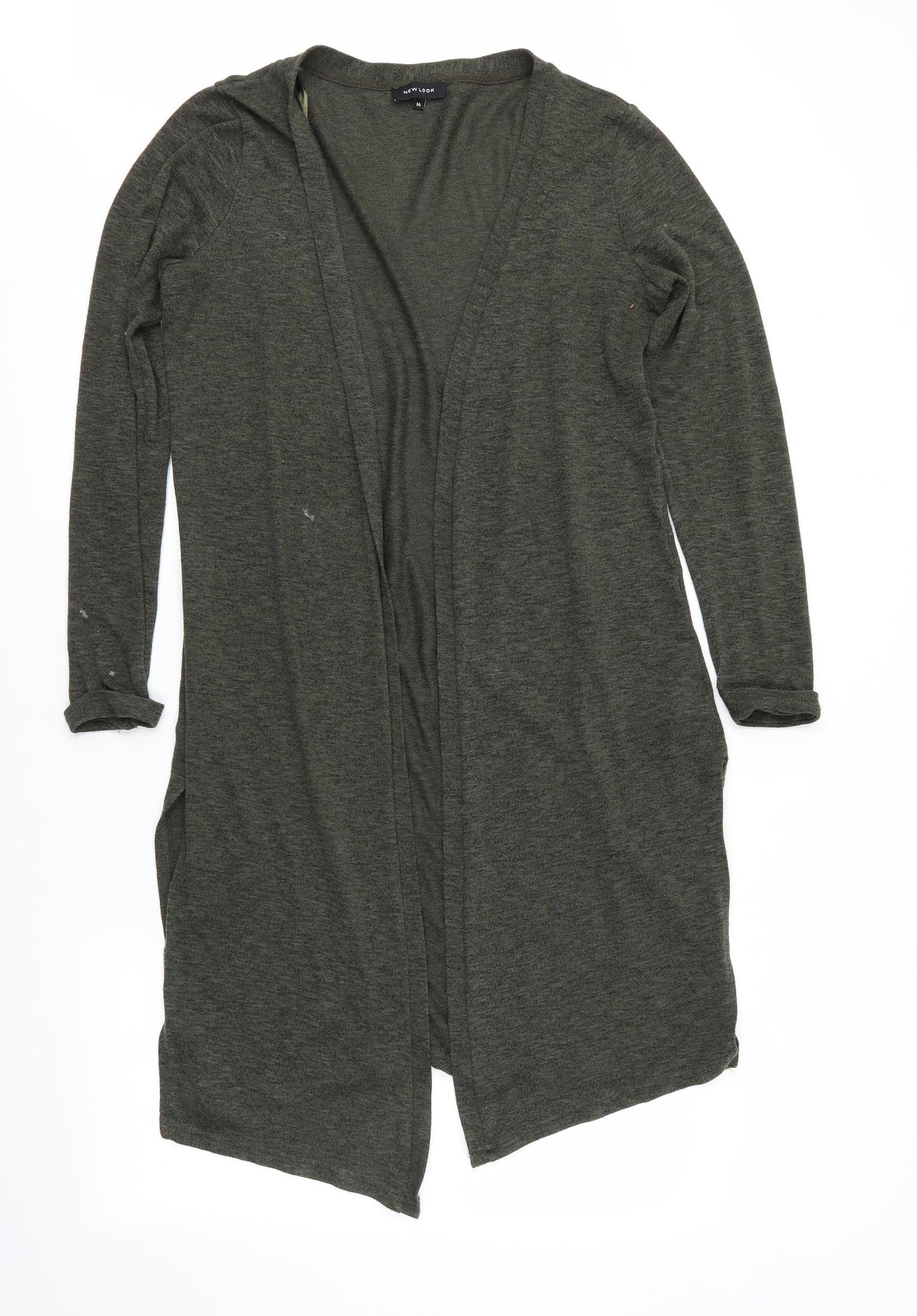 New Look Womens Green V-Neck  Polyester Cardigan Jumper Size 14   - Longline Cardigan Side Vented Black Fleck