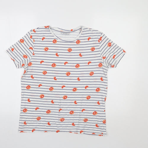 Pull & Bear Womens White Striped  Basic T-Shirt Size L  - Citrus Fruit