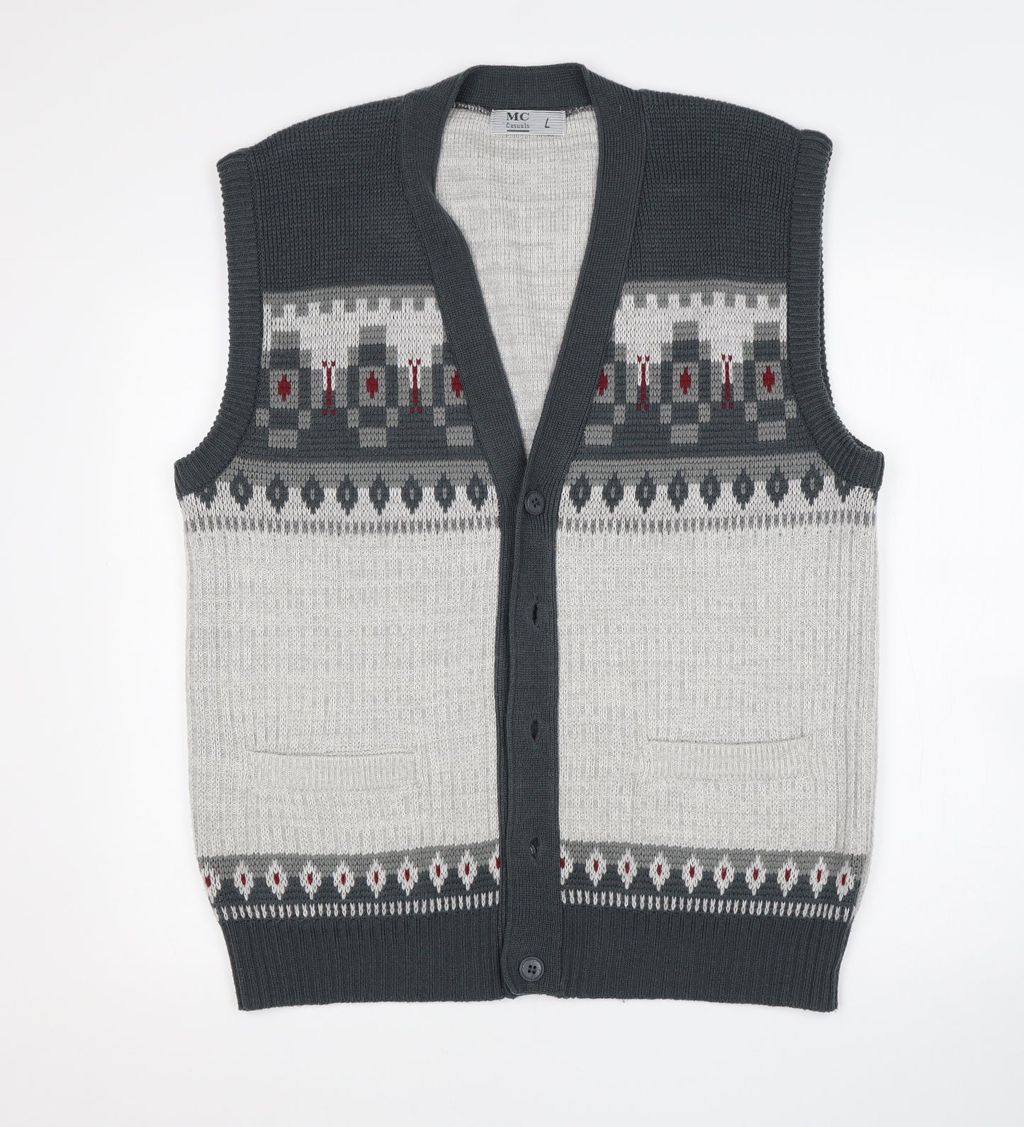 MC Casuals Mens Grey Argyle/Diamond  Cardigan Jumper Size L