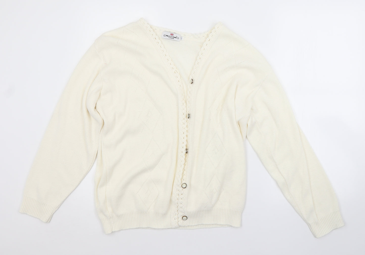 MERRY GOLD LONDON Womens White Argyle/Diamond  Cardigan Jumper Size L