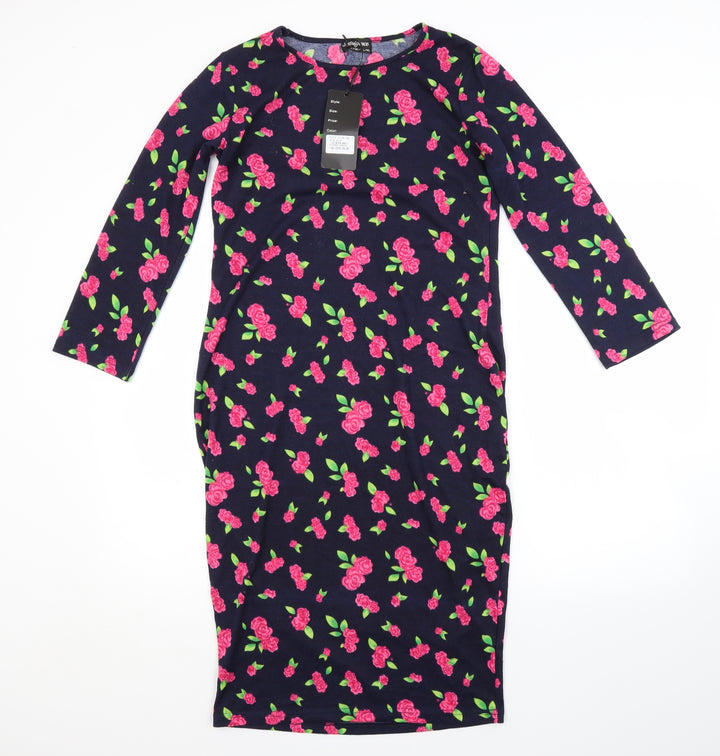 Indulgence London Womens Blue Floral Wool Jumper Dress  Size L  Crew Neck