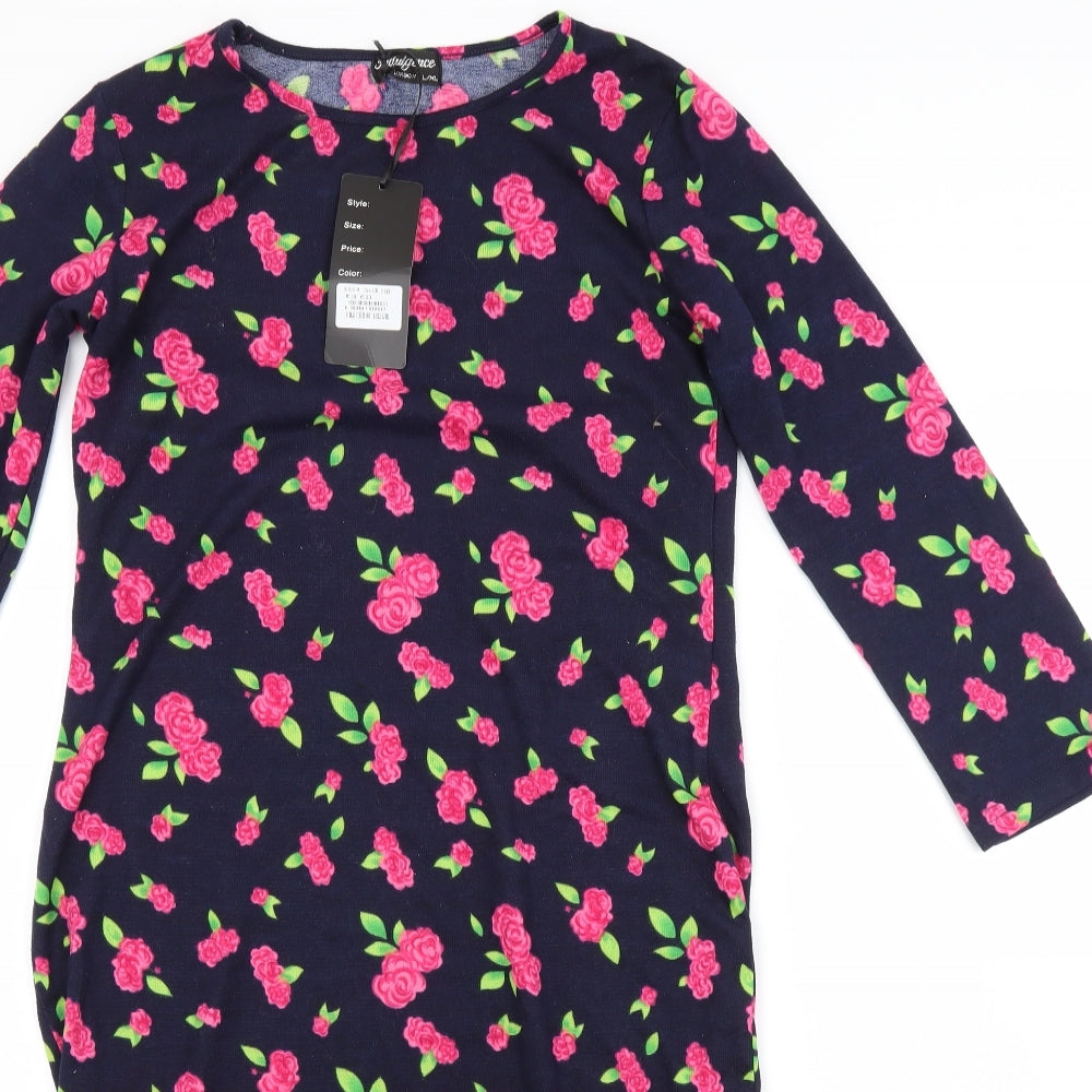 Indulgence London Womens Blue Floral Wool Jumper Dress  Size L  Crew Neck