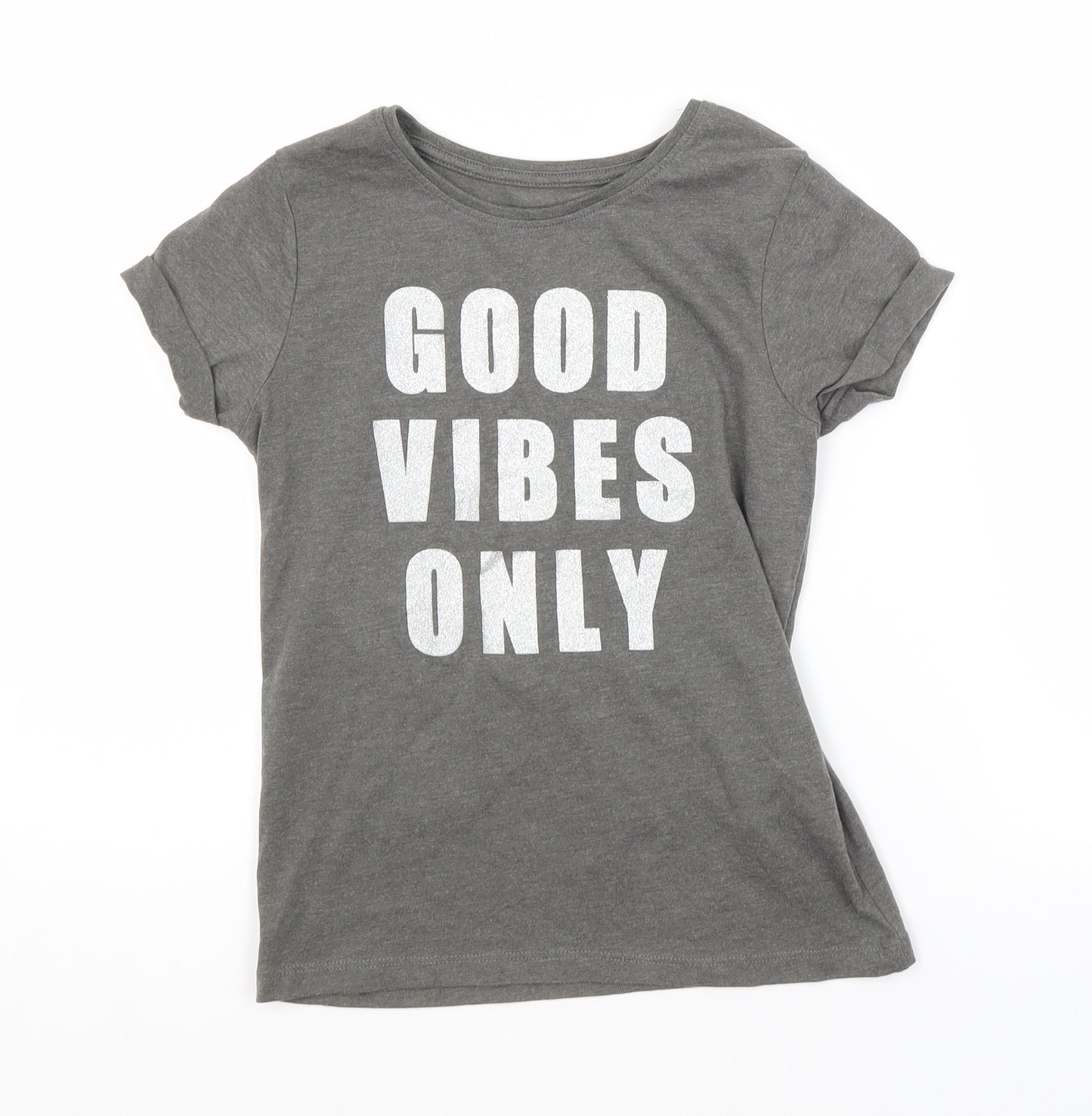Primark Girls Grey   Basic T-Shirt Size 8-9 Years  - GOOD VIBES