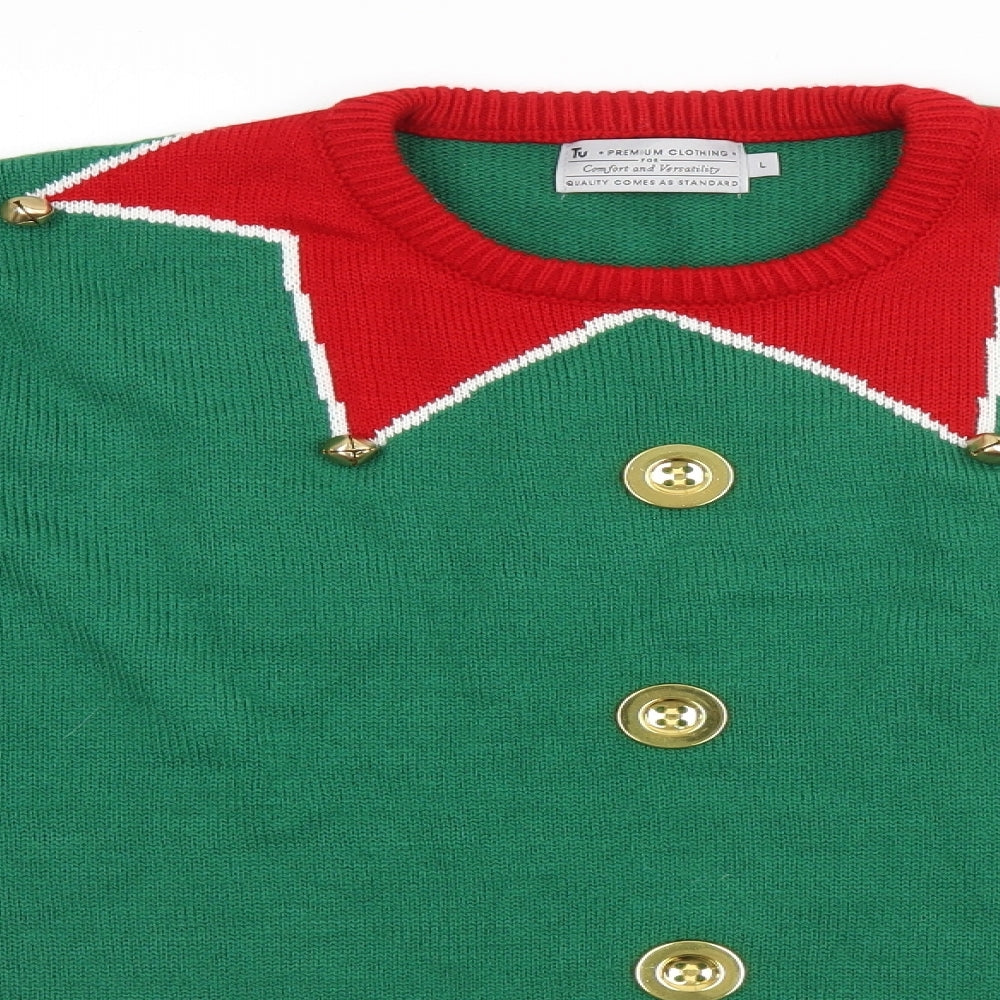 TU Mens Green   Pullover Jumper Size L  - Christmas, Elf, Bells