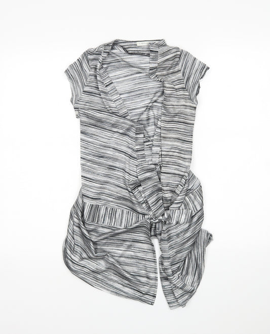 Front view of Miss Selfridge women’s grey striped cardigan jumper, size UK 12
