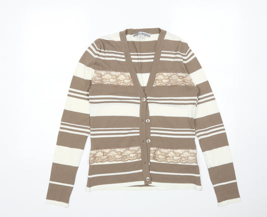 Front view of Ashley Brooks women’s multicoloured striped cardigan jumper, size UK 8