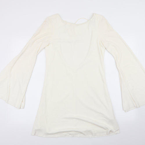 Zara Womens White   Fit & Flare    - Trumpet Sleeves Low back Neck Tie