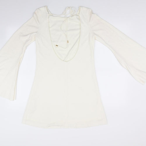 Zara Womens White   Fit & Flare    - Trumpet Sleeves Low back Neck Tie
