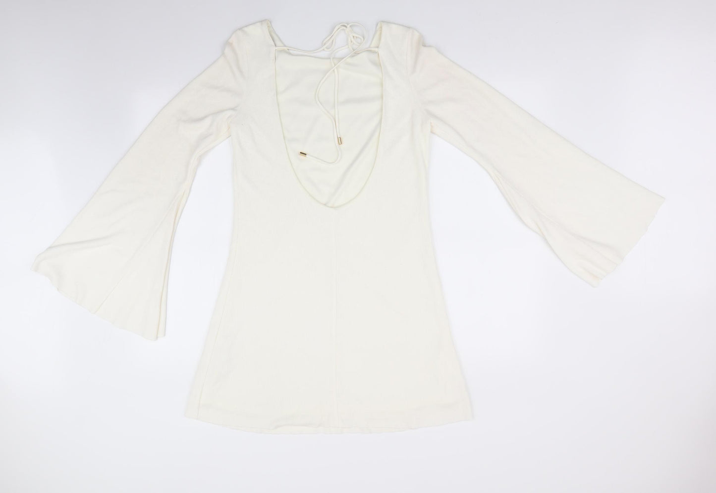 Zara Womens White   Fit & Flare    - Trumpet Sleeves Low back Neck Tie