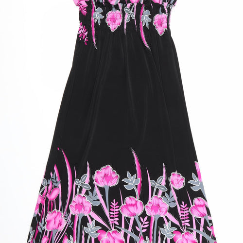 Preworn Womens Black Floral  Maxi    - Pink & Grey Flowers V Back