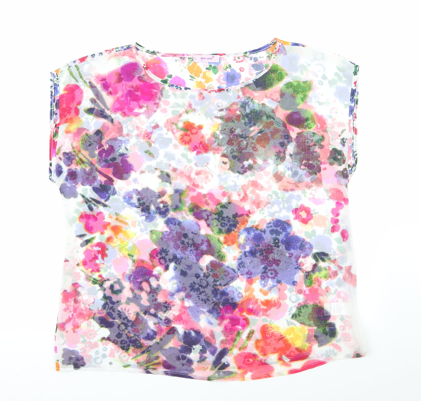 Per Una Womens White Floral  Basic Blouse Size 18  - Subtle Sequins throughout - Purple pink orange red yellow flowers