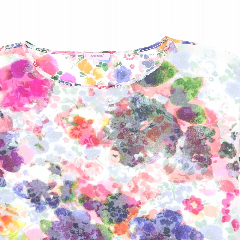 Per Una Womens White Floral  Basic Blouse Size 18  - Subtle Sequins throughout - Purple pink orange red yellow flowers