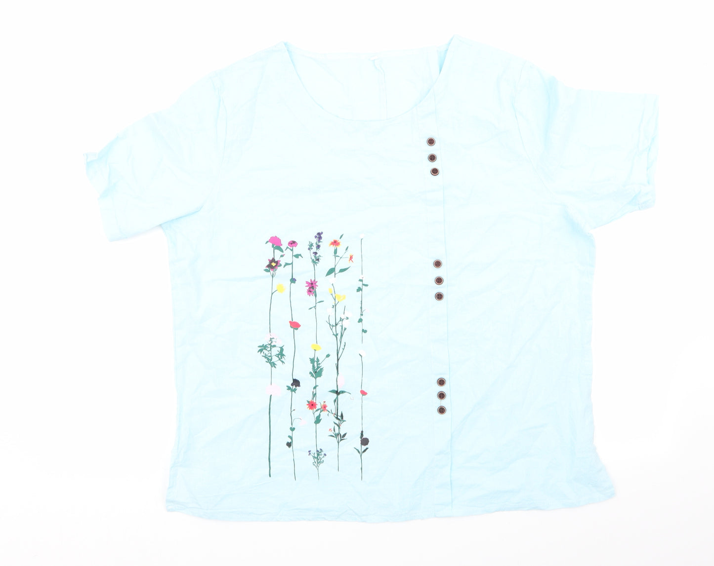 Preworn Womens Blue Floral  Basic Blouse Size 2XL  - Linen Look Aqua Blue with Pink Purple Yellow White Red Flowers