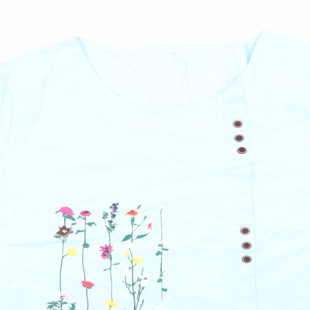 Preworn Womens Blue Floral  Basic Blouse Size 2XL  - Linen Look Aqua Blue with Pink Purple Yellow White Red Flowers