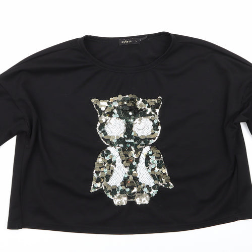 My Heart Womens Black Animal Print  Pullover Sweatshirt Size L  - Sequinned Owl