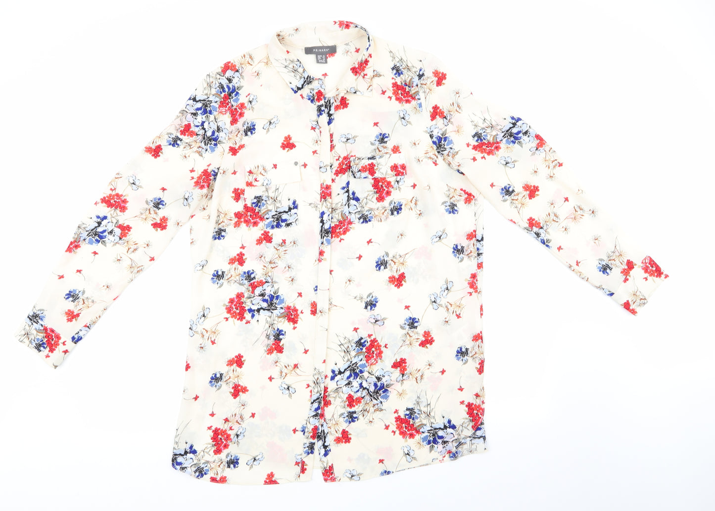 Primark Womens Ivory Floral  Basic Button-Up Size 16  - Red Blue Flowers Longline