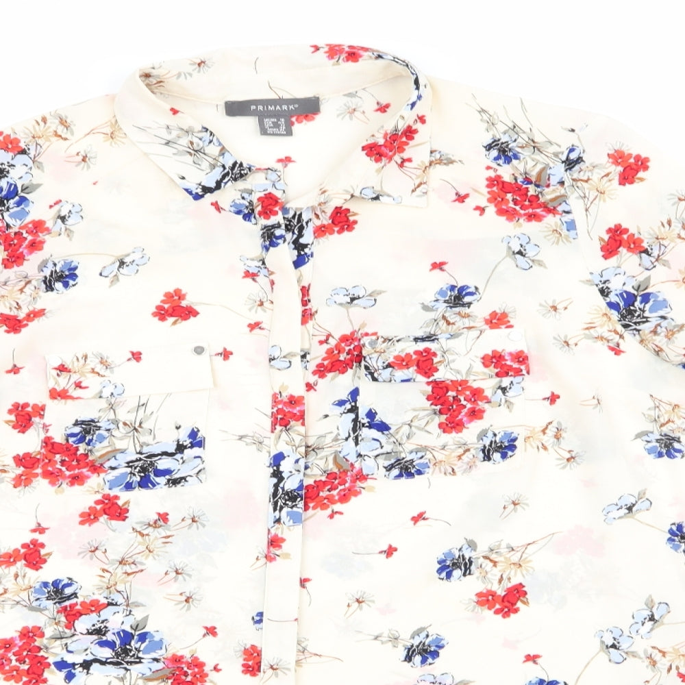 Primark Womens Ivory Floral  Basic Button-Up Size 16  - Red Blue Flowers Longline