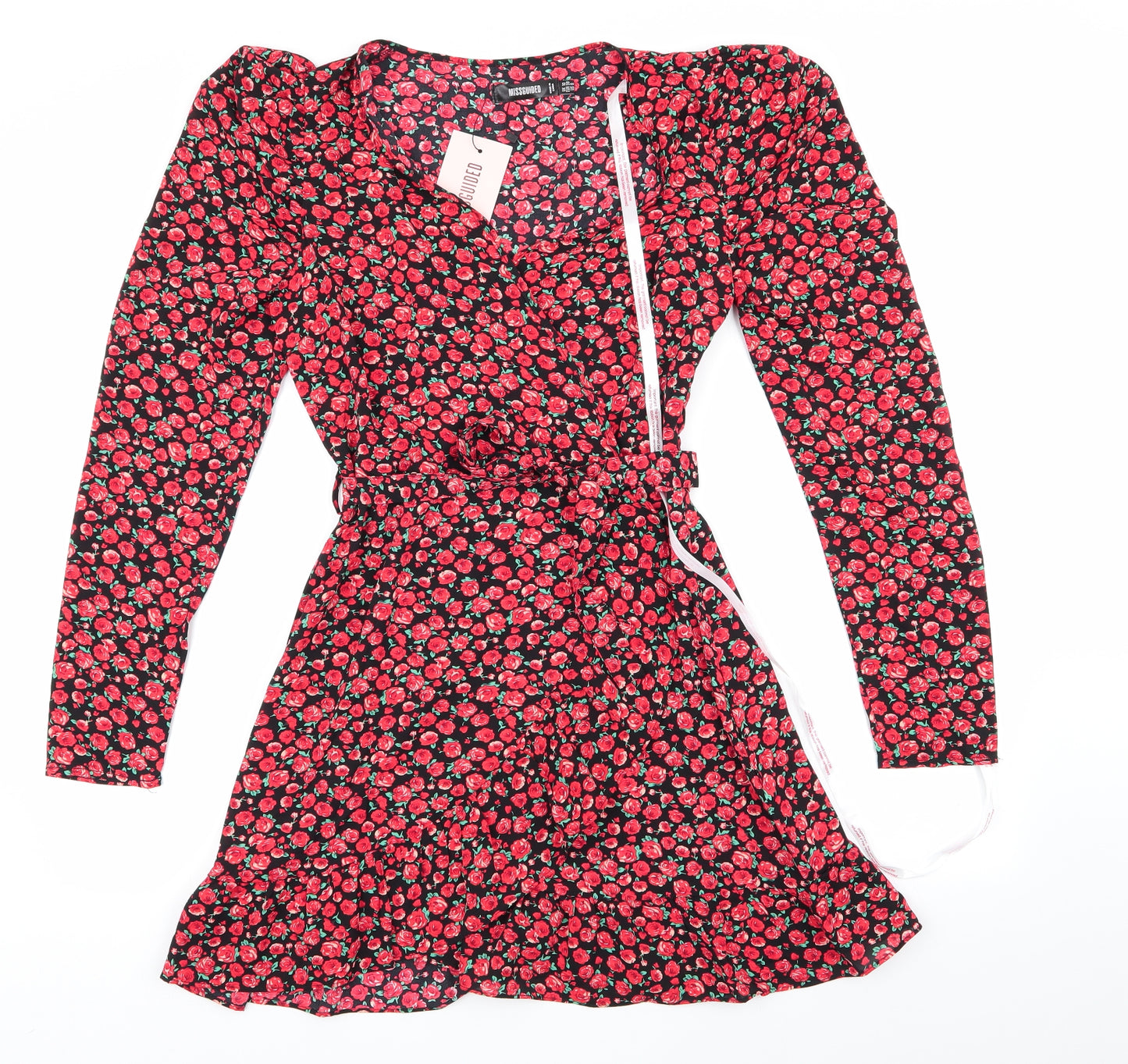 Missguided Womens Black Floral  Fit & Flare  Size 10  - Frilled Skirt Front & Hem - Red flowers