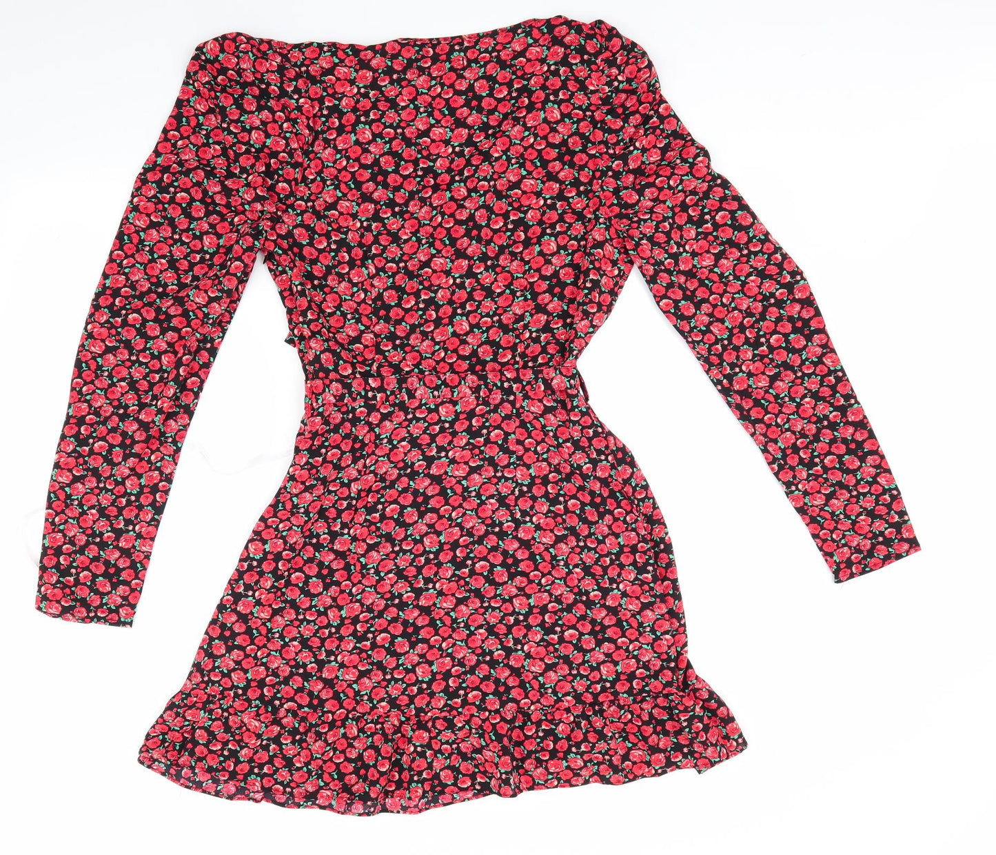 Missguided Womens Black Floral  Fit & Flare  Size 10  - Frilled Skirt Front & Hem - Red flowers