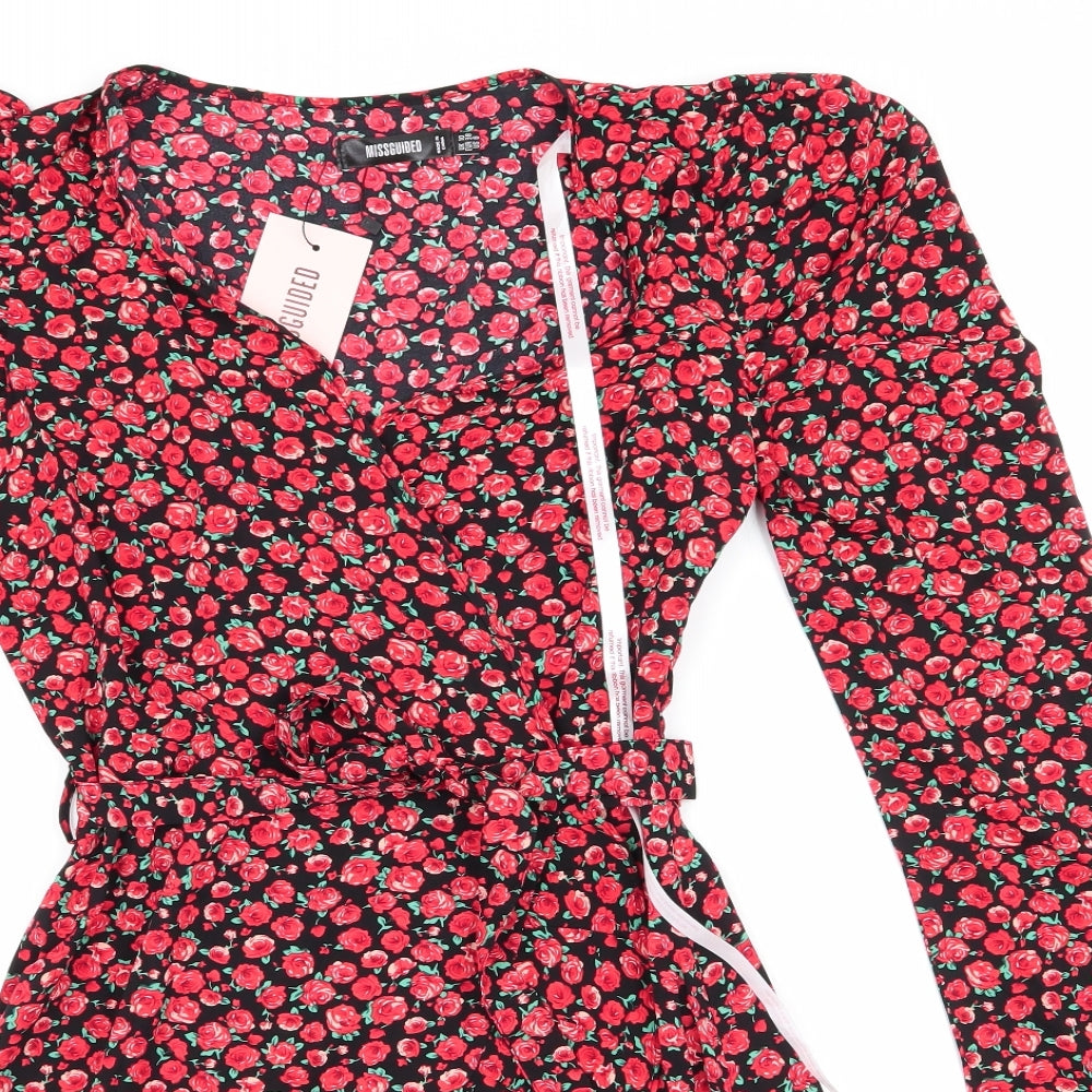 Missguided Womens Black Floral  Fit & Flare  Size 10  - Frilled Skirt Front & Hem - Red flowers