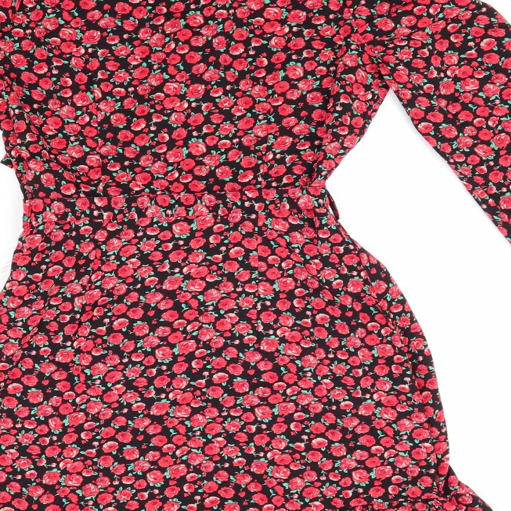 Missguided Womens Black Floral  Fit & Flare  Size 10  - Frilled Skirt Front & Hem - Red flowers
