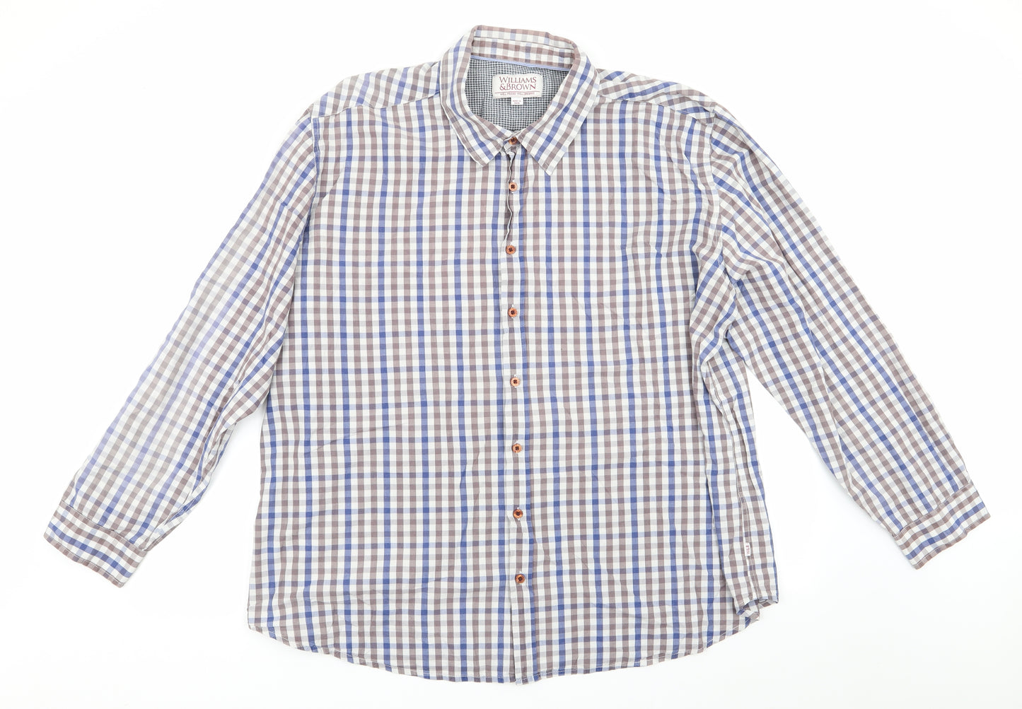 Williams & Brown Mens Blue Check   Button-Up Size 2XL  - Decorative Elbow Patches Taupe Blue White Check