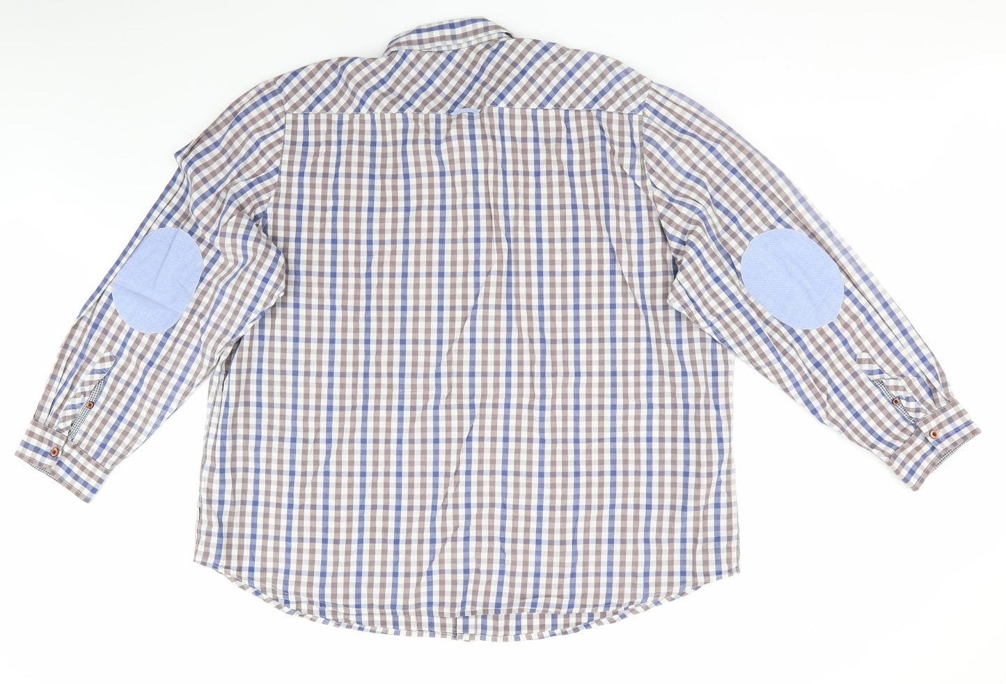 Williams & Brown Mens Blue Check   Button-Up Size 2XL  - Decorative Elbow Patches Taupe Blue White Check